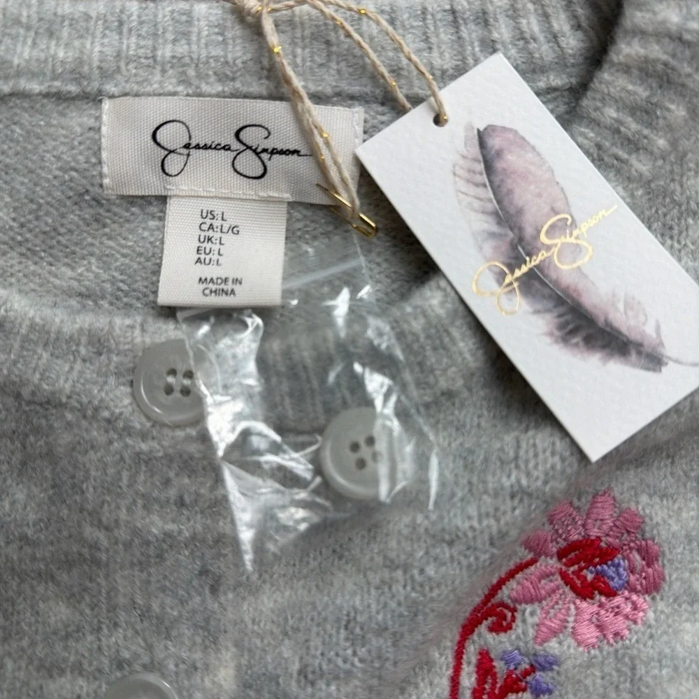 Jessica Simpson Floral Embroidered Cardigan Sweater Gray Pink NWT‎ Women's L